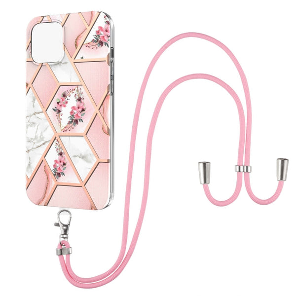 Electroplating Splicing Marble Flower Pattern TPU Shockproof Case with Lanyard, For iPhone 13 mini, For iPhone 13, For iPhone 13 Pro, For iPhone 13 Pro Max, For iPhone 12 mini, For iPhone 12 / 12 Pro