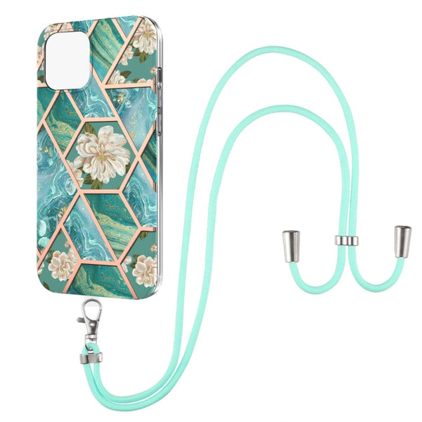 Electroplating Splicing Marble Flower Pattern TPU Shockproof Case with Lanyard, For iPhone 13 mini, For iPhone 13, For iPhone 13 Pro, For iPhone 13 Pro Max, For iPhone 12 mini, For iPhone 12 / 12 Pro