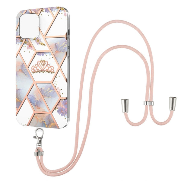 Electroplating Splicing Marble Flower Pattern TPU Shockproof Case with Lanyard, For iPhone 13 mini, For iPhone 13, For iPhone 13 Pro, For iPhone 13 Pro Max, For iPhone 12 mini, For iPhone 12 / 12 Pro