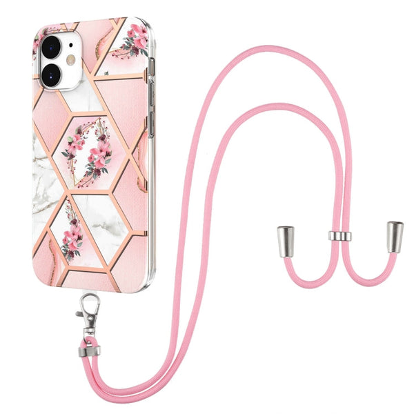 Electroplating Splicing Marble Flower Pattern TPU Shockproof Case with Lanyard, For iPhone 13 mini, For iPhone 13, For iPhone 13 Pro, For iPhone 13 Pro Max, For iPhone 12 mini, For iPhone 12 / 12 Pro