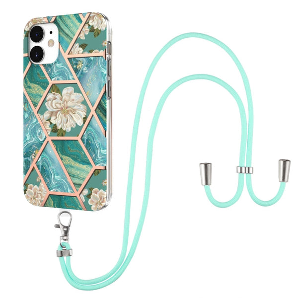 Electroplating Splicing Marble Flower Pattern TPU Shockproof Case with Lanyard, For iPhone 13 mini, For iPhone 13, For iPhone 13 Pro, For iPhone 13 Pro Max, For iPhone 12 mini, For iPhone 12 / 12 Pro