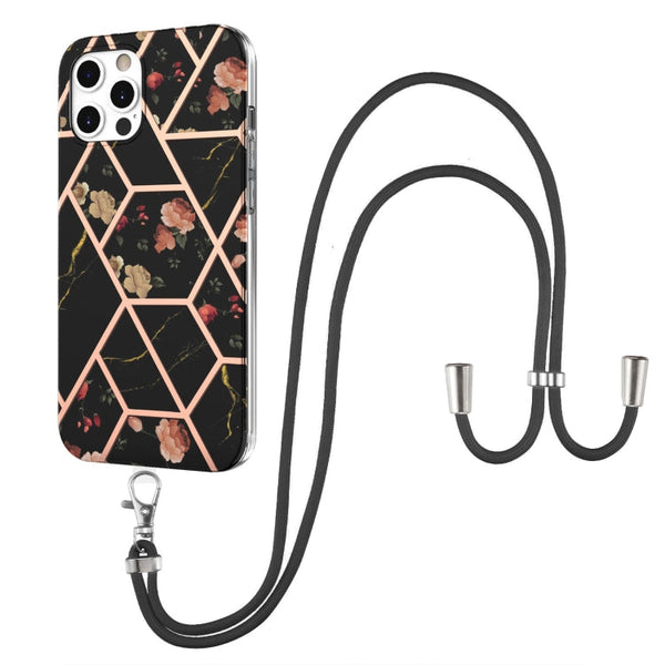 Electroplating Splicing Marble Flower Pattern TPU Shockproof Case with Lanyard, For iPhone 13 mini, For iPhone 13, For iPhone 13 Pro, For iPhone 13 Pro Max, For iPhone 12 mini, For iPhone 12 / 12 Pro