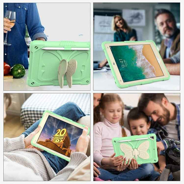Beige Silicone & PC Case with Butterfly Holder for iPad 9.7/Pro 9.7/Air 2/6 (Beige & Green)