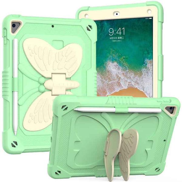 Beige Silicone & PC Case with Butterfly Holder for iPad 9.7/Pro 9.7/Air 2/6 (Beige & Green)