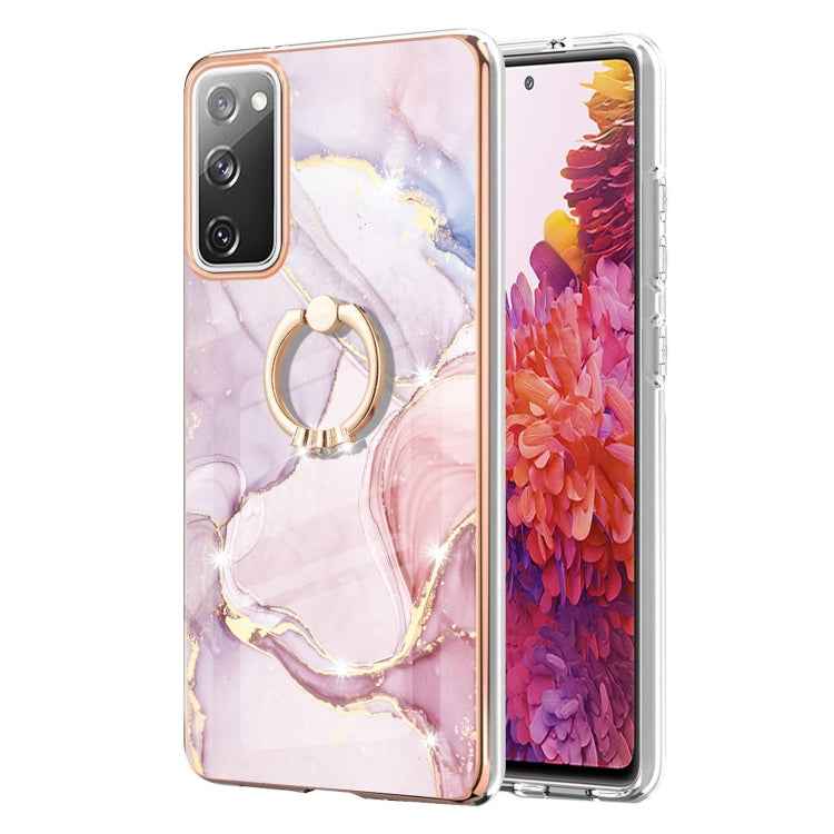 For Samsung Galaxy S20 FE  5G / 4G Electroplating Marble Pattern IMD TPU Shockproof Case with Ring Holder(Rose Gold 005)