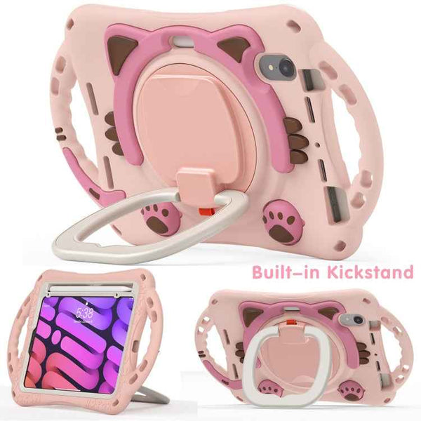 For iPad mini 6 Cute Cat King Kids Shockproof Silicone Tablet Case with Holder & Shoulder Strap & Handle(Pink)