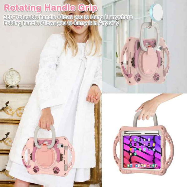 For iPad mini 6 Cute Cat King Kids Shockproof Silicone Tablet Case with Holder & Shoulder Strap & Handle(Pink)