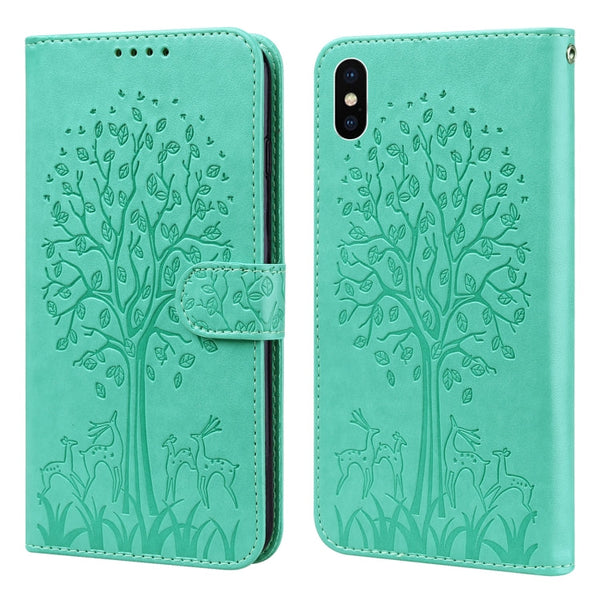 Tree & Deer Pattern Pressed Printing Horizontal Flip Leather Phone Case, For iPhone XS Max, For iPhone 7 / 8 / SE 2020 / SE 2022, For iPhone 11, For iPhone 11 Pro
