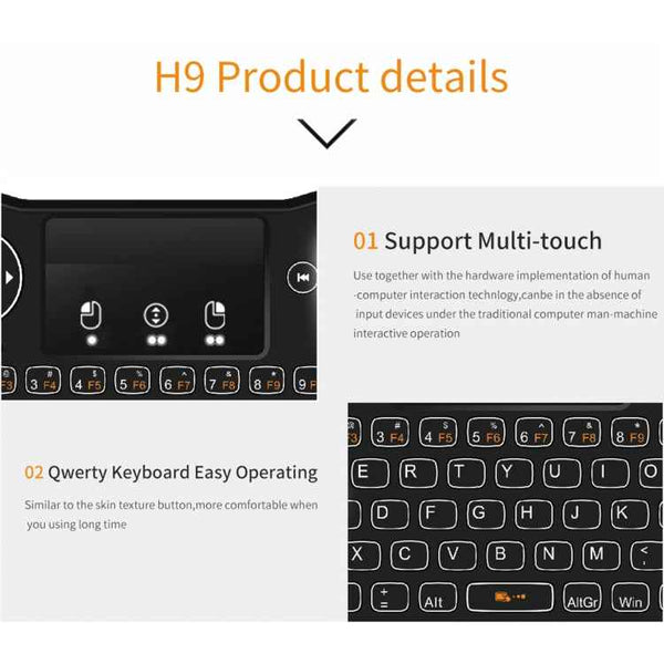 H9 2.4GHz Mini Wireless Air Mouse QWERTY Keyboard with White Backlight & Touchpad for PC, TV(Black)