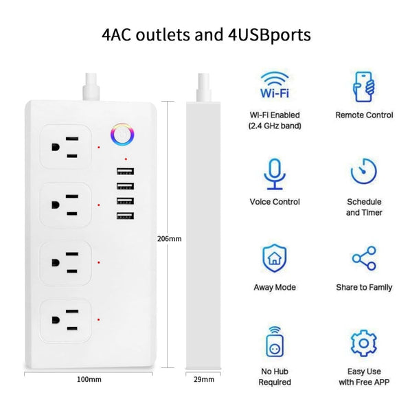 SM-SO301-U 2500W 4 Holes + 4 USB Smart Power Strip, US Plug