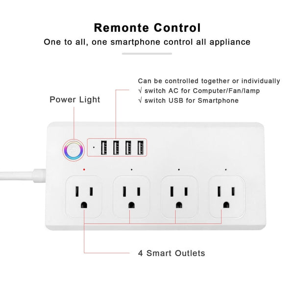 SM-SO301-U 2500W 4 Holes + 4 USB Smart Power Strip, US Plug