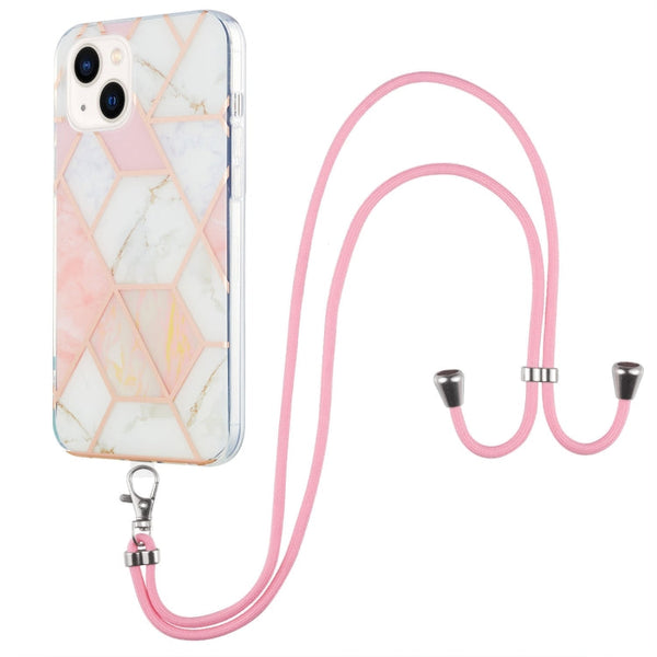 Electroplating Splicing Marble Pattern Dual-side IMD TPU Shockproof Case with Neck Lanyard, For iPhone 14, For iPhone 14 Plus, For iPhone 14 Pro, For iPhone 14 Pro Max