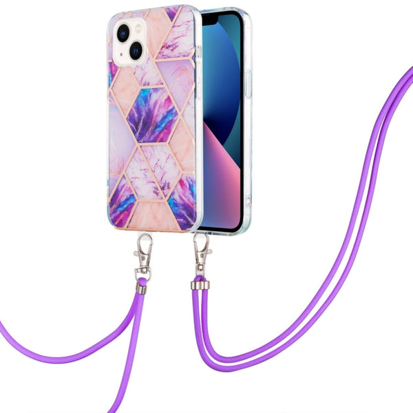 Electroplating Splicing Marble Pattern Dual-side IMD TPU Shockproof Case with Neck Lanyard, For iPhone 14, For iPhone 14 Plus, For iPhone 14 Pro, For iPhone 14 Pro Max
