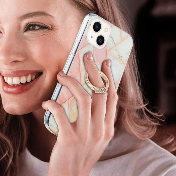 Electroplating Splicing Marble Pattern Dual-side IMD TPU Shockproof Case with Ring Holder, For iPhone 14, For iPhone 14 Plus, For iPhone 14 Pro, For iPhone 14 Pro Max