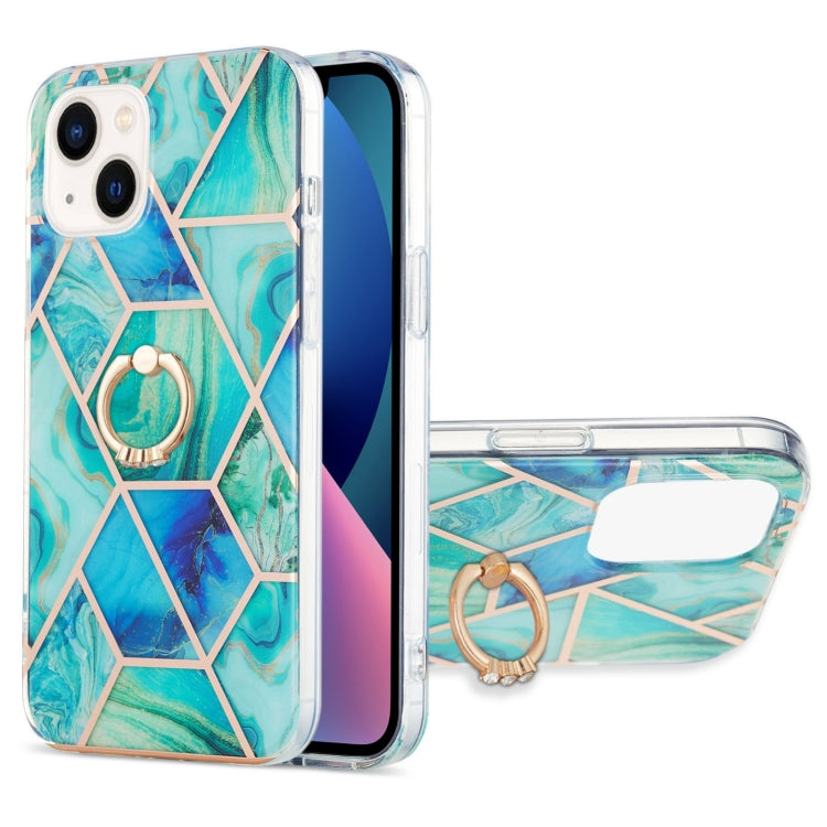Electroplating Splicing Marble Pattern Dual-side IMD TPU Shockproof Case with Ring Holder, For iPhone 14, For iPhone 14 Plus, For iPhone 14 Pro, For iPhone 14 Pro Max
