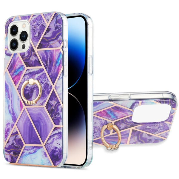 Electroplating Splicing Marble Pattern Dual-side IMD TPU Shockproof Case with Ring Holder, For iPhone 14, For iPhone 14 Plus, For iPhone 14 Pro, For iPhone 14 Pro Max