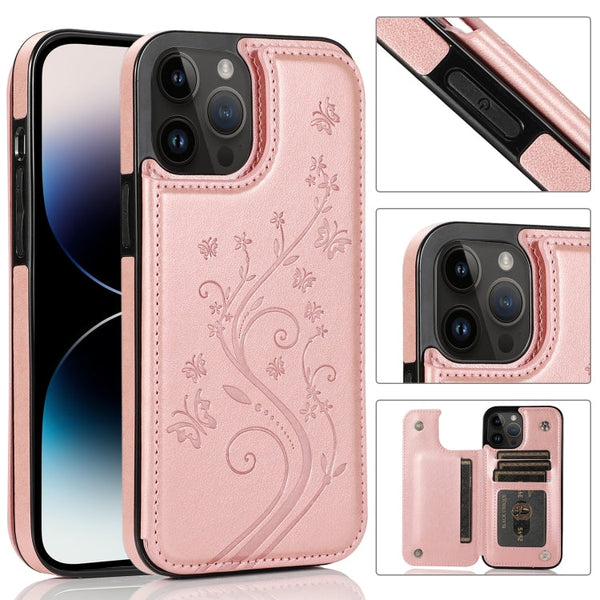 Butterflies Flowers Double Buckle Case, For iPhone 14 Pro Max, For iPhone 14 Pro