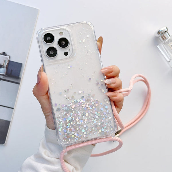 Lanyard Glitter Epoxy Clear Phone Case, For iPhone 14 Pro Max, For iPhone 13 mini, For iPhone 13