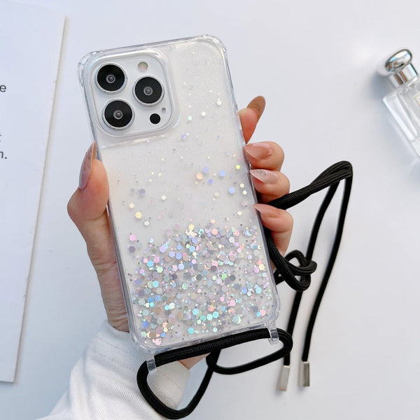 Lanyard Glitter Epoxy Clear Phone Case, For iPhone 12 / 12 Pro, For iPhone 12 Pro Max, For iPhone 11