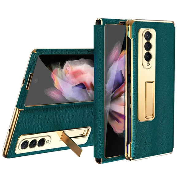 Cross Texture Integrated Electroplating Hinge Flip Phone Case with Tempered Film