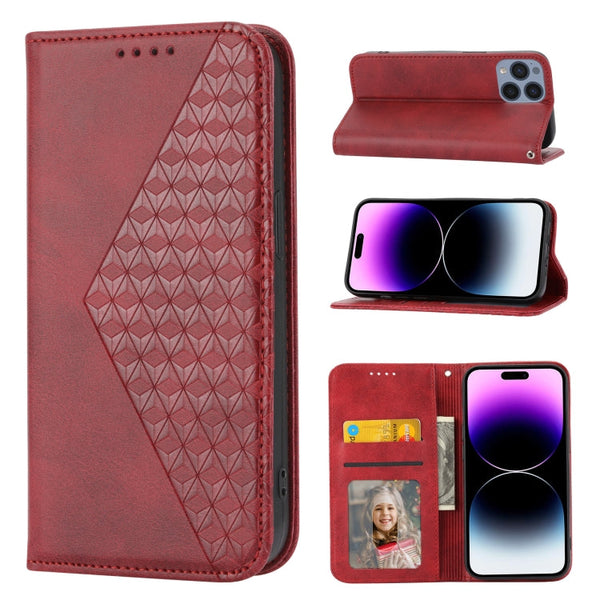 Cubic Grid Calf Texture Magnetic Closure Leather Phone Case, For iPhone 14, For iPhone 14 Plus, For iPhone 14 Pro, For iPhone 14 Pro Max