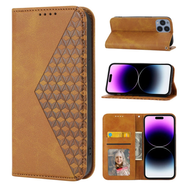 Cubic Grid Calf Texture Magnetic Closure Leather Phone Case, For iPhone 14, For iPhone 14 Plus, For iPhone 14 Pro, For iPhone 14 Pro Max