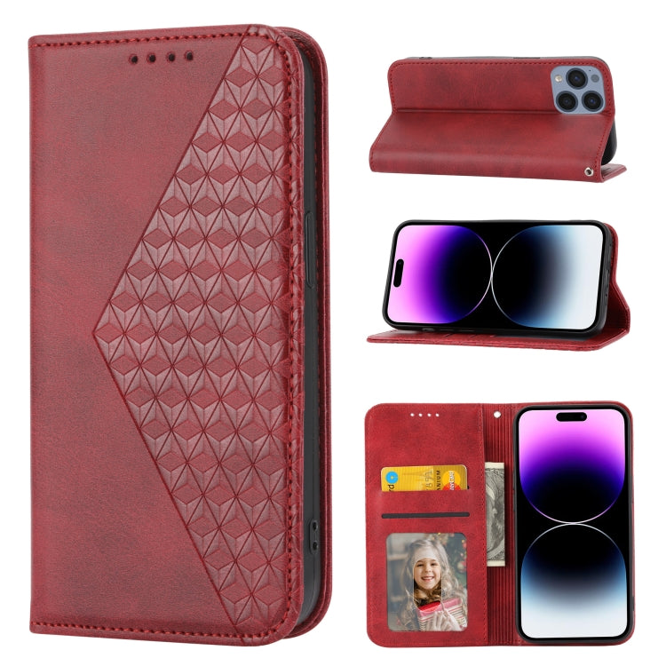 Cubic Grid Calf Texture Magnetic Closure Leather Phone Case, For iPhone 14, For iPhone 14 Plus, For iPhone 14 Pro, For iPhone 14 Pro Max