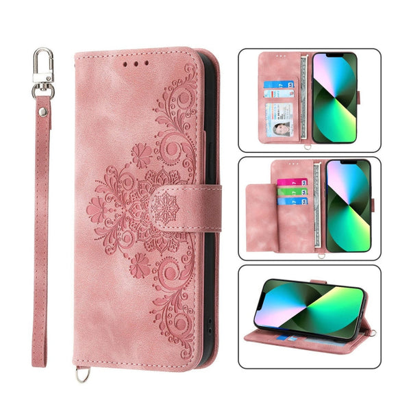 Skin-feel Flowers Embossed Wallet Leather Phone Case