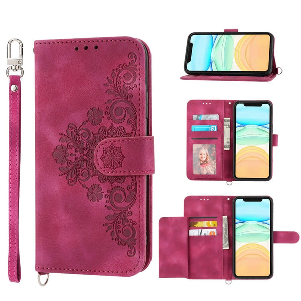Skin-feel Flowers Embossed Wallet Leather Phone Case