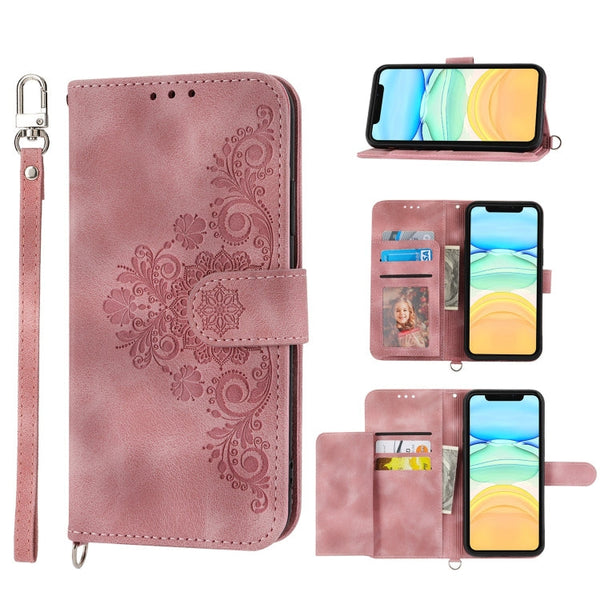 Skin-feel Flowers Embossed Wallet Leather Phone Case