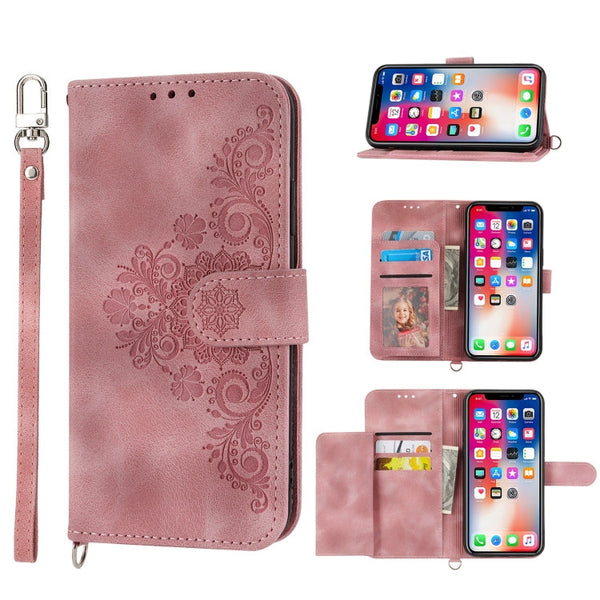 Skin-feel Flowers Embossed Wallet Leather Phone Case