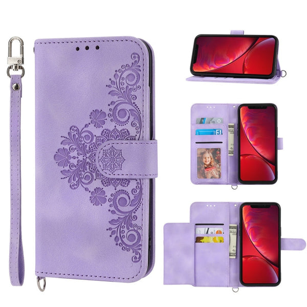 Skin-feel Flowers Embossed Wallet Leather Phone Case