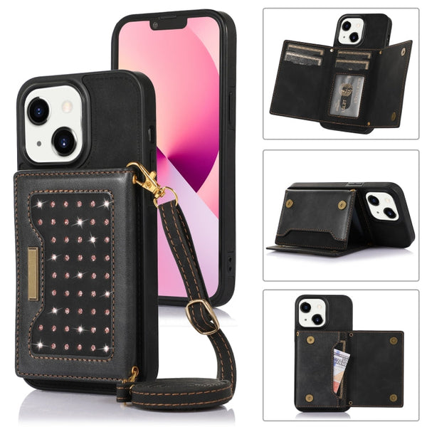 Three-fold RFID Leather Phone Case with Lanyard, For iPhone 13 Pro Max, For iPhone 14, For iPhone 14 Plus, For iPhone 14 Pro