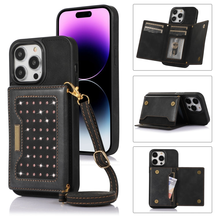 Three-fold RFID Leather Phone Case with Lanyard, For iPhone 13 Pro Max, For iPhone 14, For iPhone 14 Plus, For iPhone 14 Pro