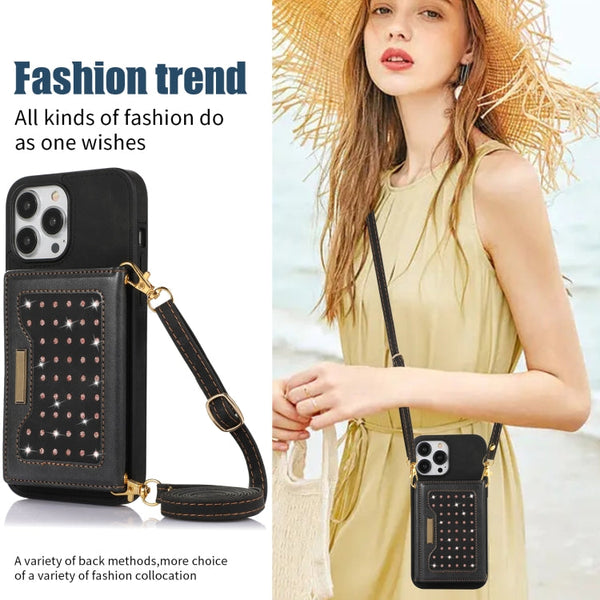 Three-fold RFID Leather Phone Case with Lanyard, For iPhone 14 Pro Max, For iPhone XR, For iPhone XS, For iPhone XS Max