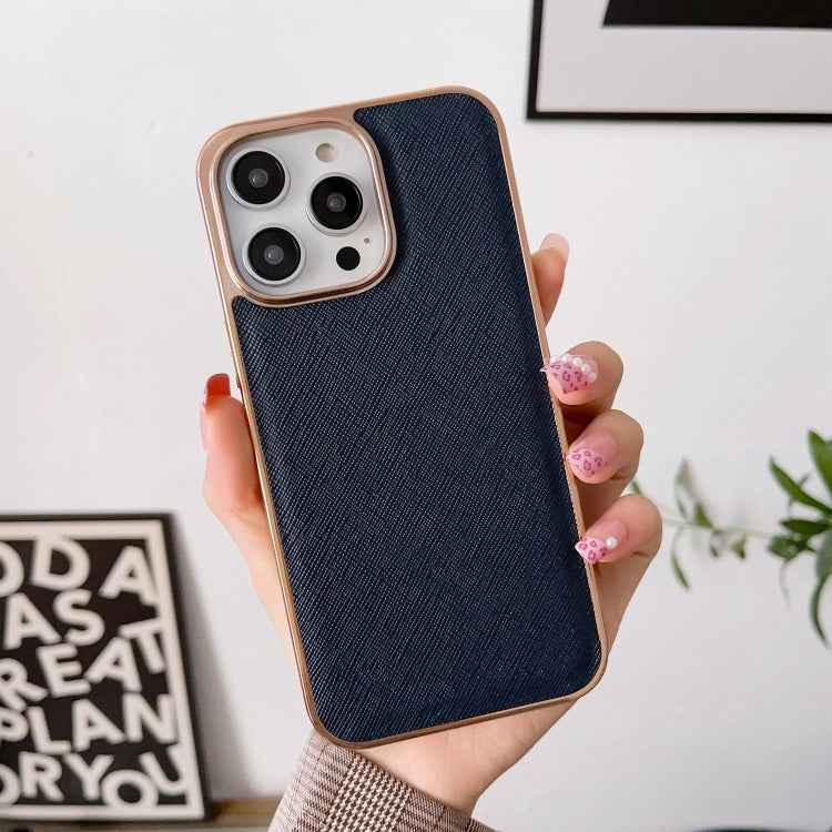 Nano Electroplating Cross Texture Genuine Leather Phone Case, For iPhone 14 Pro Max, For iPhone 14 Pro, For iPhone 14, For iPhone 14 Plus, For iPhone 13 Pro Max, For iPhone 13 Pro