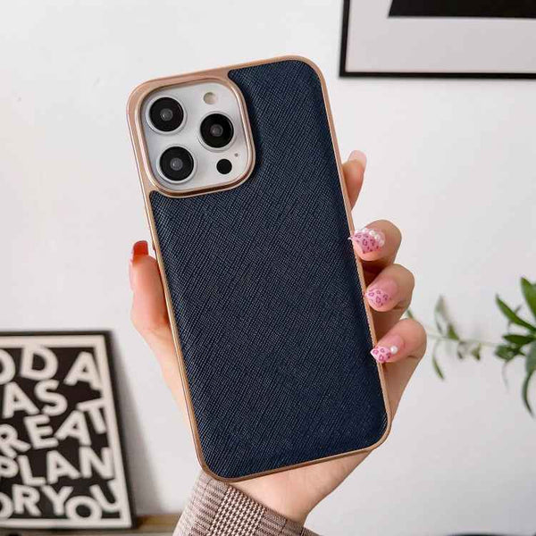 Nano Electroplating Cross Texture Genuine Leather Phone Case, For iPhone 14 Pro Max, For iPhone 14 Pro, For iPhone 14, For iPhone 14 Plus, For iPhone 13 Pro Max, For iPhone 13 Pro