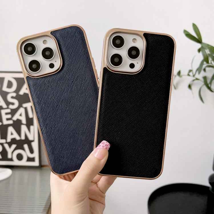 Nano Electroplating Cross Texture Genuine Leather Phone Case, For iPhone 14 Pro Max, For iPhone 14 Pro, For iPhone 14, For iPhone 14 Plus, For iPhone 13 Pro Max, For iPhone 13 Pro