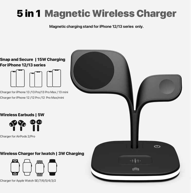 YM-UD22 15W 5 in 1 Magnetic Wireless Charger with Stand Function(Black)