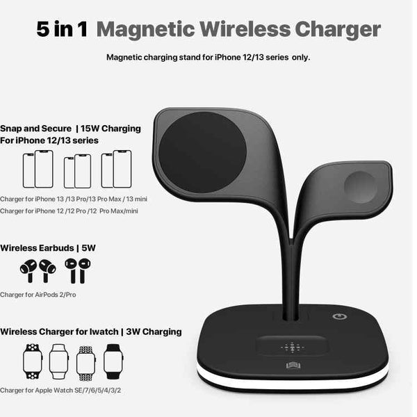YM-UD22 15W 5 in 1 Magnetic Wireless Charger with Stand Function(Black)