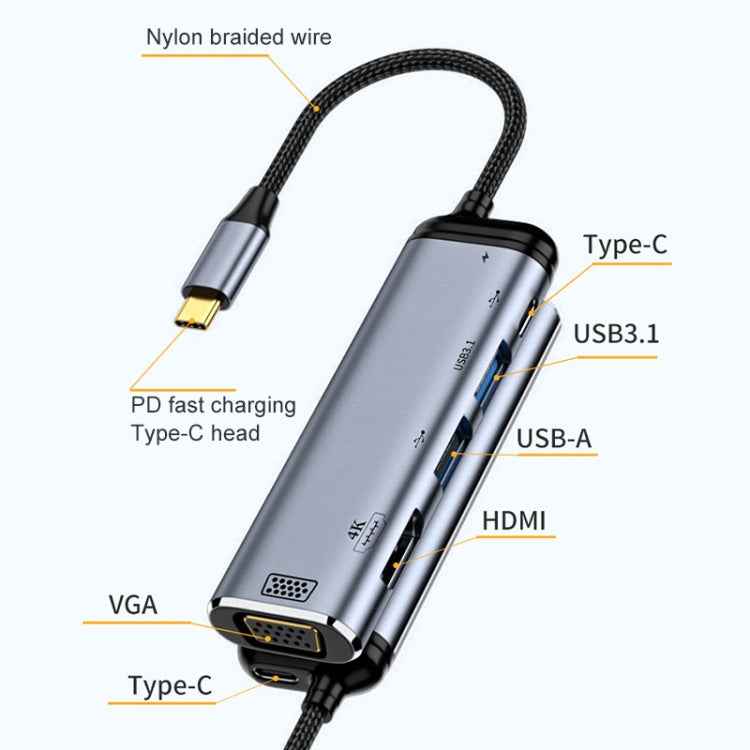 Y002 6 in 1 Type-C to VGA+HDMI+Dual USB+Dual USB-C/Type-C Interface Multifunctional Adapter
