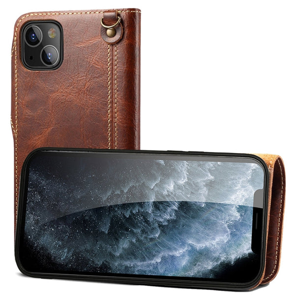 Denior Oil Wax Cowhide Magnetic Button Genuine Leather Case, For iPhone 13, For iPhone 13 mini, For iPhone 12 Pro Max, For iPhone 12 / 12 Pro, For iPhone 12 mini, For Samsung Galaxy S20