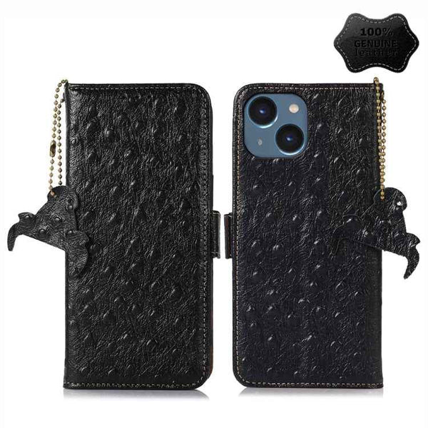 Ostrich Pattern Genuine Leather RFID Phone Case, For iPhone 15 Pro Max, For iPhone 15 Pro, For iPhone 15 Plus, For iPhone 15, For iPhone 14 Plus, For iPhone 14