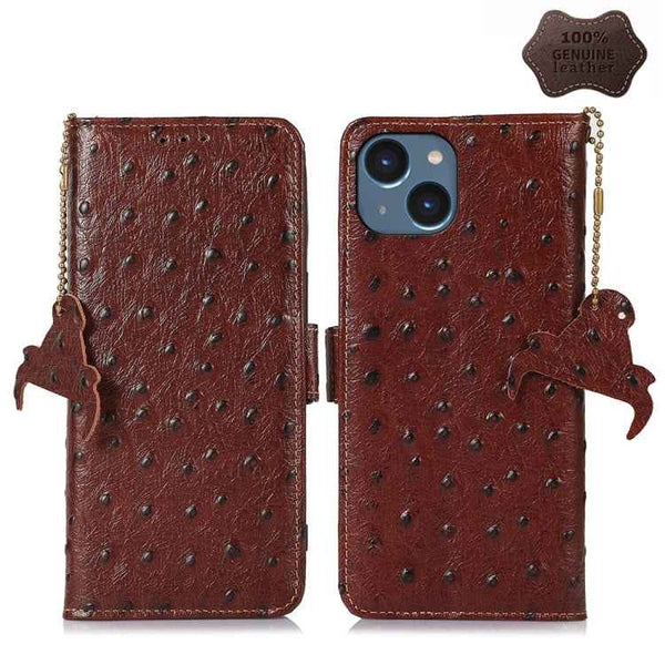 Ostrich Pattern Genuine Leather RFID Phone Case, For iPhone 15 Pro Max, For iPhone 15 Pro, For iPhone 15 Plus, For iPhone 15, For iPhone 14 Plus, For iPhone 14