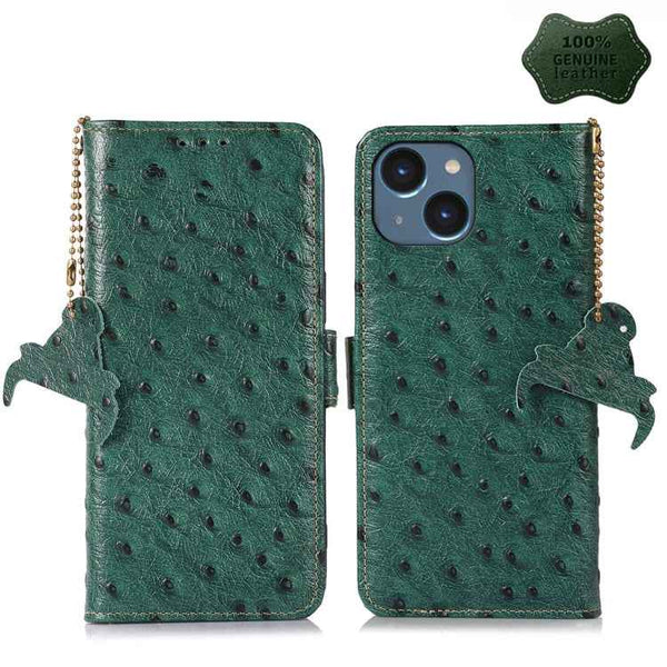 Ostrich Pattern Genuine Leather RFID Phone Case, For iPhone 15 Pro Max, For iPhone 15 Pro, For iPhone 15 Plus, For iPhone 15, For iPhone 14 Plus, For iPhone 14