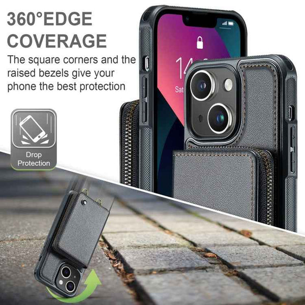 JEEHOOD C22 Series Zipper Wallet Leather Phone Case with Dual Lanyard, For iPhone 13, For iPhone 13 Pro, For iPhone 13 Pro Max, For iPhone 12