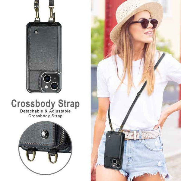 JEEHOOD C22 Series Zipper Wallet Leather Phone Case with Dual Lanyard, For iPhone 13, For iPhone 13 Pro, For iPhone 13 Pro Max, For iPhone 12