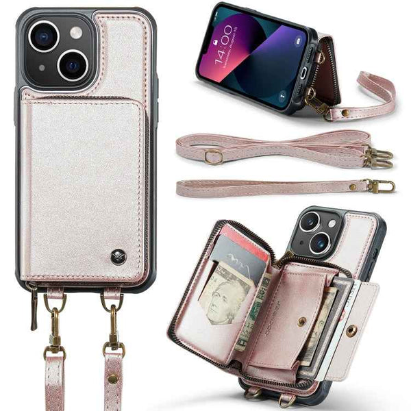 JEEHOOD C22 Series Zipper Wallet Leather Phone Case with Dual Lanyard, For iPhone 13, For iPhone 13 Pro, For iPhone 13 Pro Max, For iPhone 12