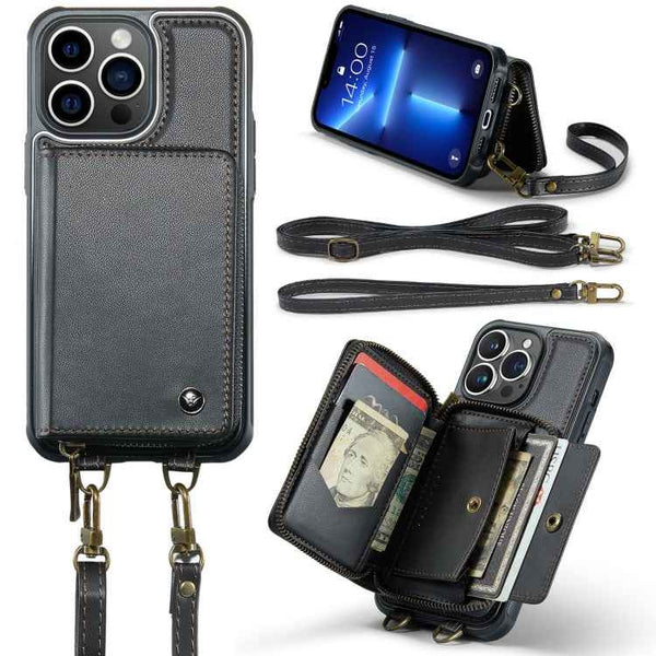 JEEHOOD C22 Series Zipper Wallet Leather Phone Case with Dual Lanyard, For iPhone 13, For iPhone 13 Pro, For iPhone 13 Pro Max, For iPhone 12