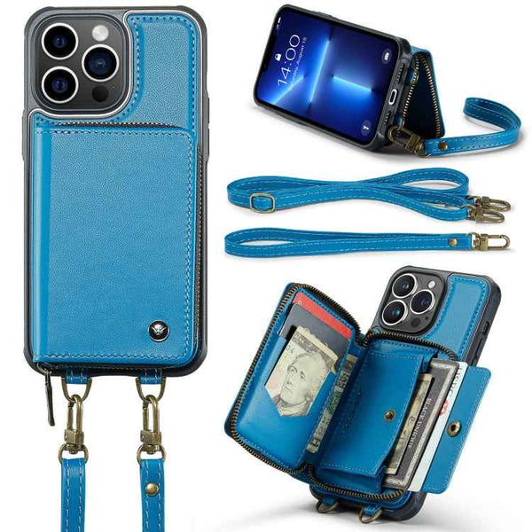 JEEHOOD C22 Series Zipper Wallet Leather Phone Case with Dual Lanyard, For iPhone 13, For iPhone 13 Pro, For iPhone 13 Pro Max, For iPhone 12
